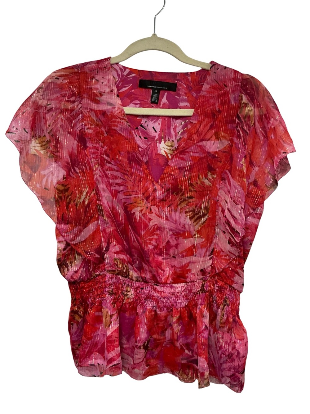 White House Black Market Tropical Metallic smocked blouses Size S